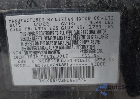 2022 Nissan Versa 1.6 Sr Xtronic Cvt from USA, damaged, VIN 3N1CN8FV3NL861976